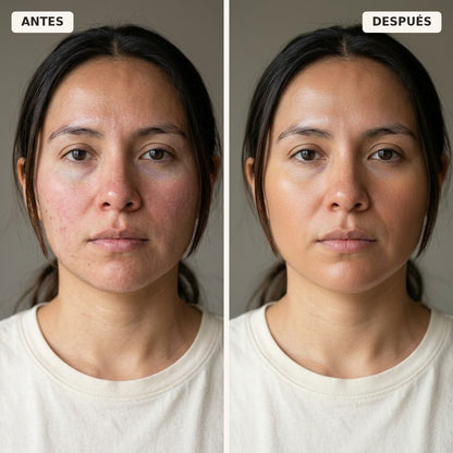 Antes y despues, dos fotos completas lado a lado, cada rostro centrado en su mitad: la izquierda con rojeces y ojeras, la derecha con el tono parejo
