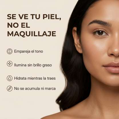 Se ve tu piel, no el maquillaje: empareja el tono, ilumina sin brillo graso, hidrata mientras la traes y no se acumula ni marca
