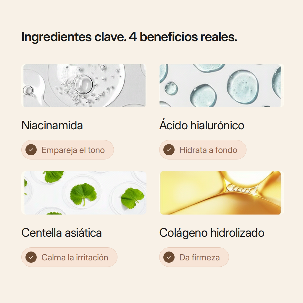 Ingredientes clave de Lumavie: niacinamida empareja el tono, ácido hialurónico hidrata a fondo, centella asiática calma la irritación y colágeno hidrolizado da firmeza